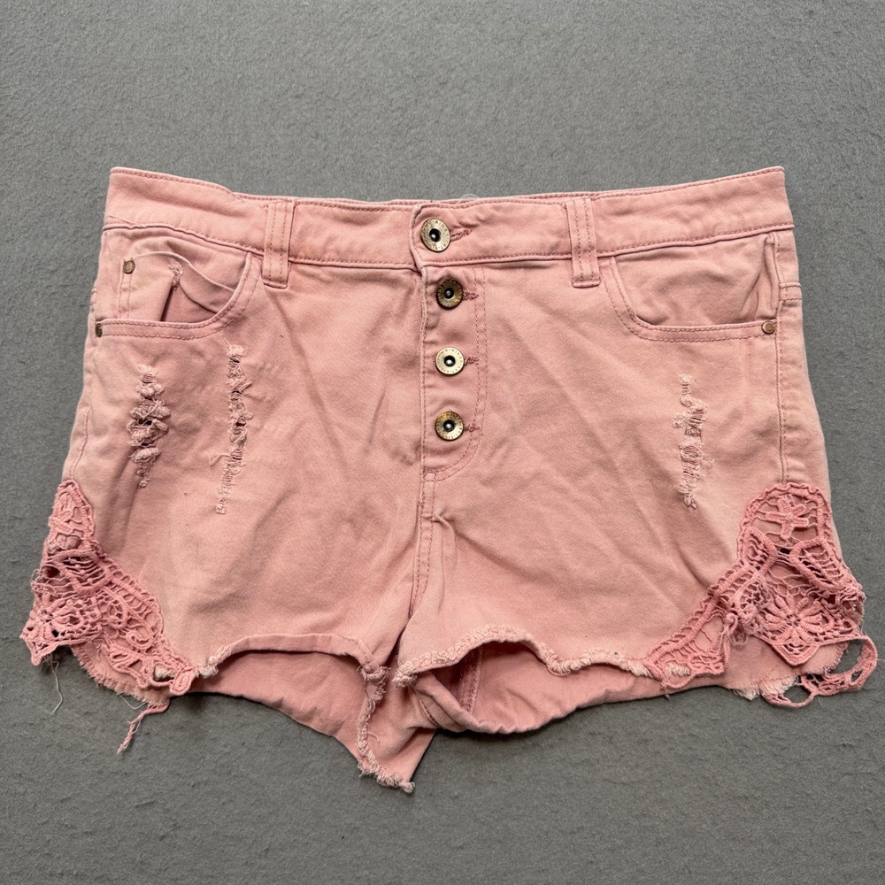 Ardene Booty Shorts Women's Large Pink Crochet Lace Button Fly Baggy High Rise
